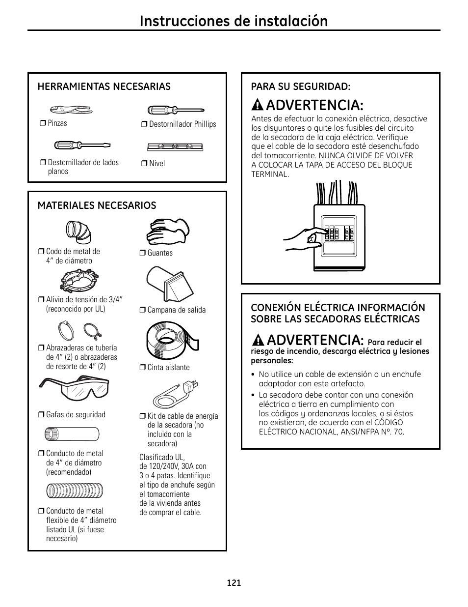 Instrucciones de instalación, Advertencia | GE UPVH890 User Manual | Page 121 / 152