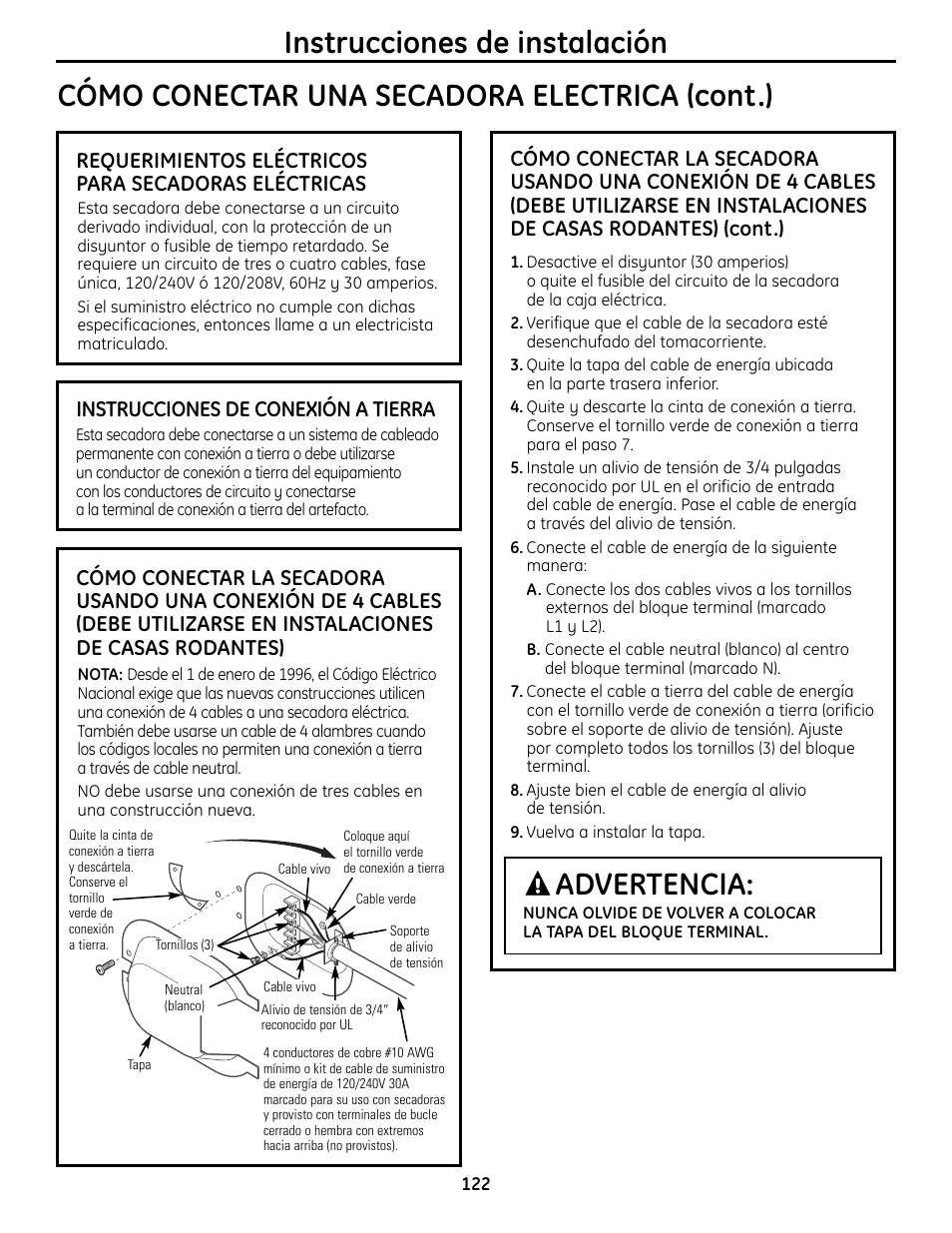 Cómo conectar una secadora electrica (cont.), Instrucciones de instalación, Advertencia | Instrucciones de conexión a tierra | GE UPVH890 User Manual | Page 122 / 152