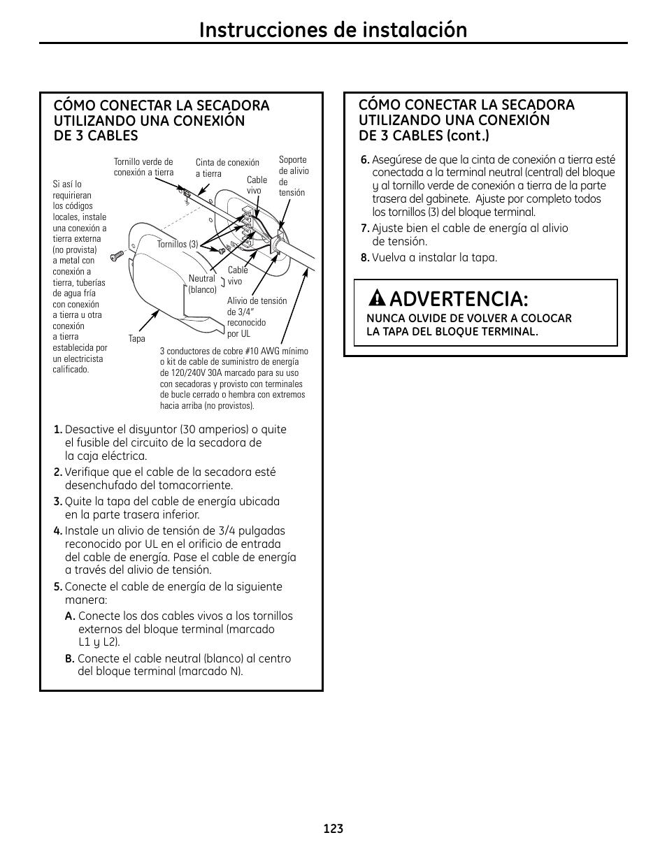 Instrucciones de instalación, Advertencia | GE UPVH890 User Manual | Page 123 / 152