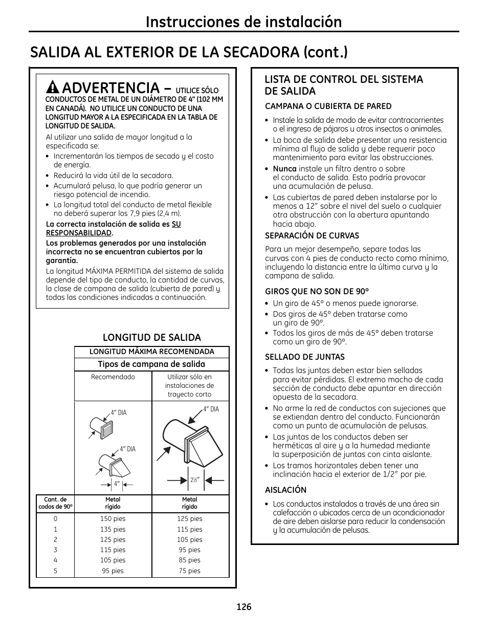 Instrucciones de instalación, Lista de control del sistema de salida, Longitud de salida | GE UPVH890 User Manual | Page 126 / 152