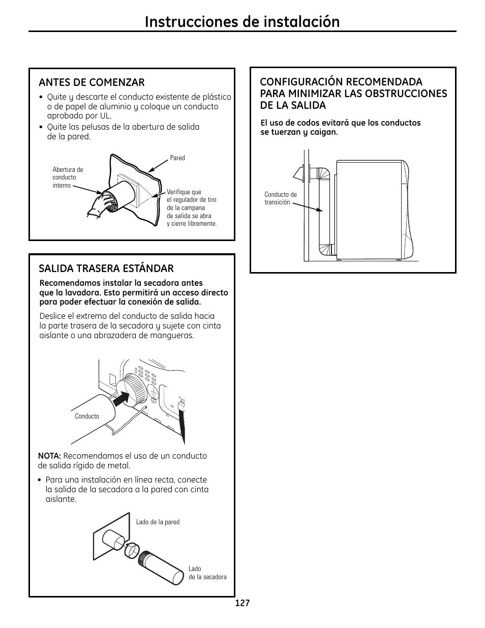 Instrucciones de instalación, Salida trasera estándar, Antes de comenzar | GE UPVH890 User Manual | Page 127 / 152