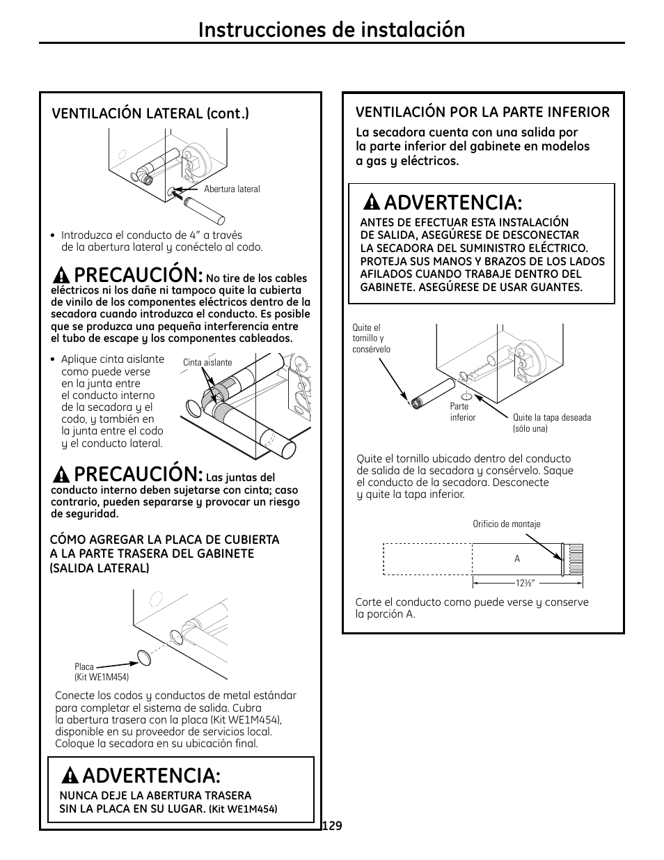 Instrucciones de instalación, Advertencia, Precaución | Ventilación lateral (cont.), Ventilación por la parte inferior | GE UPVH890 User Manual | Page 129 / 152