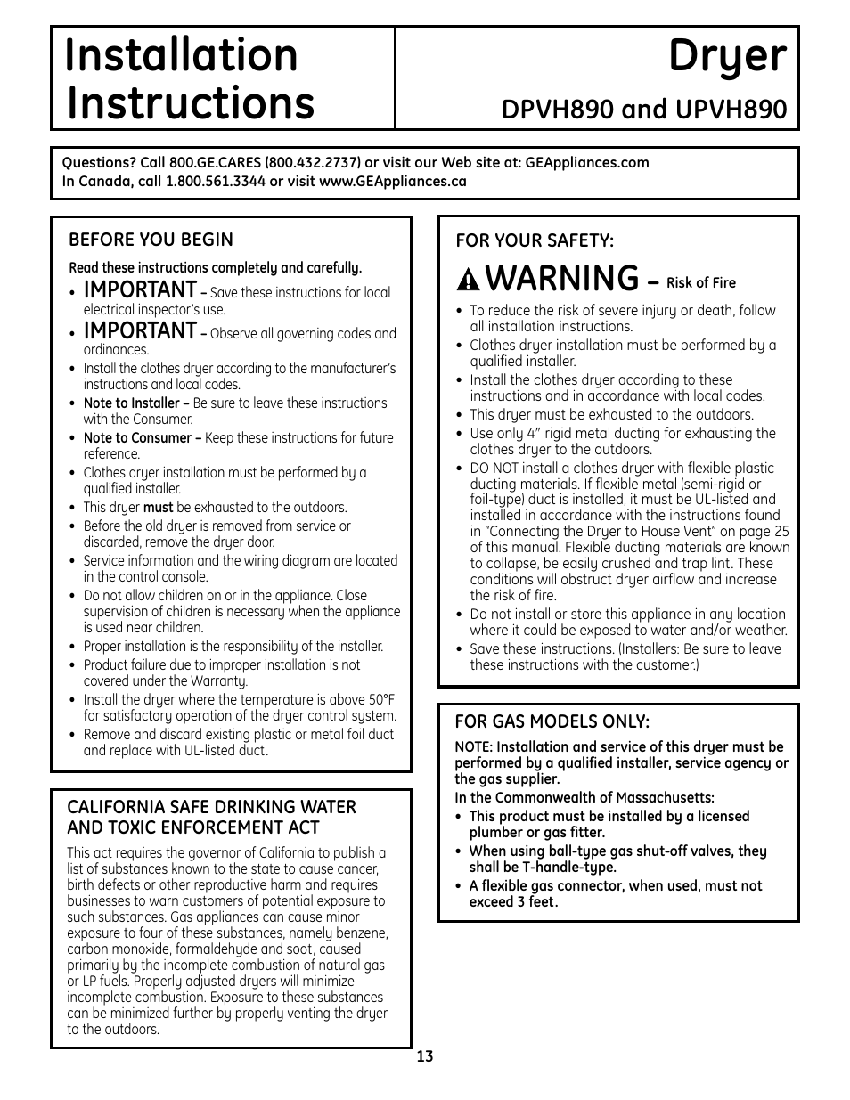 Installation dryer instructions, Warning, Important | GE UPVH890 User Manual | Page 13 / 152