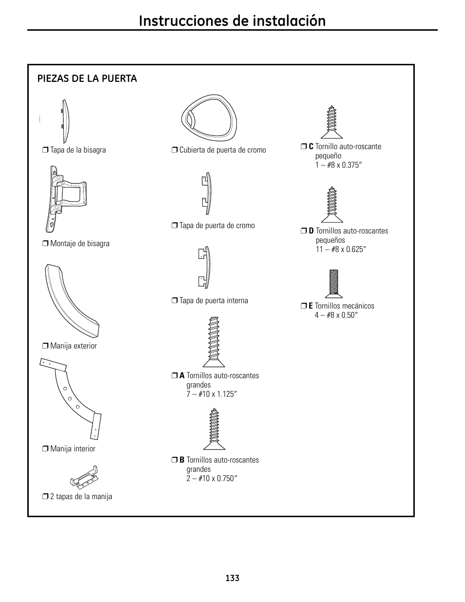 Instrucciones de instalación, Piezas de la puerta | GE UPVH890 User Manual | Page 133 / 152