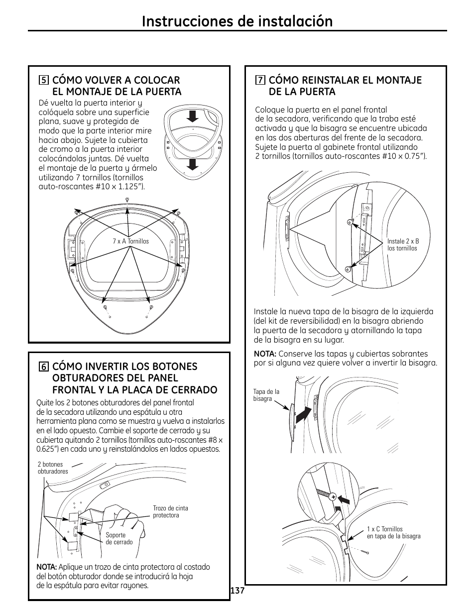 Instrucciones de instalación, Cómo volver a colocar el montaje de la puerta, Cómo reinstalar el montaje de la puerta | GE UPVH890 User Manual | Page 137 / 152