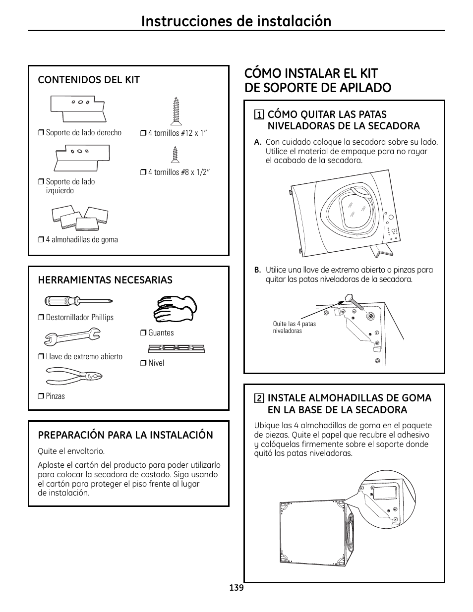 Instrucciones de instalación, Cómo instalar el kit de soporte de apilado | GE UPVH890 User Manual | Page 139 / 152