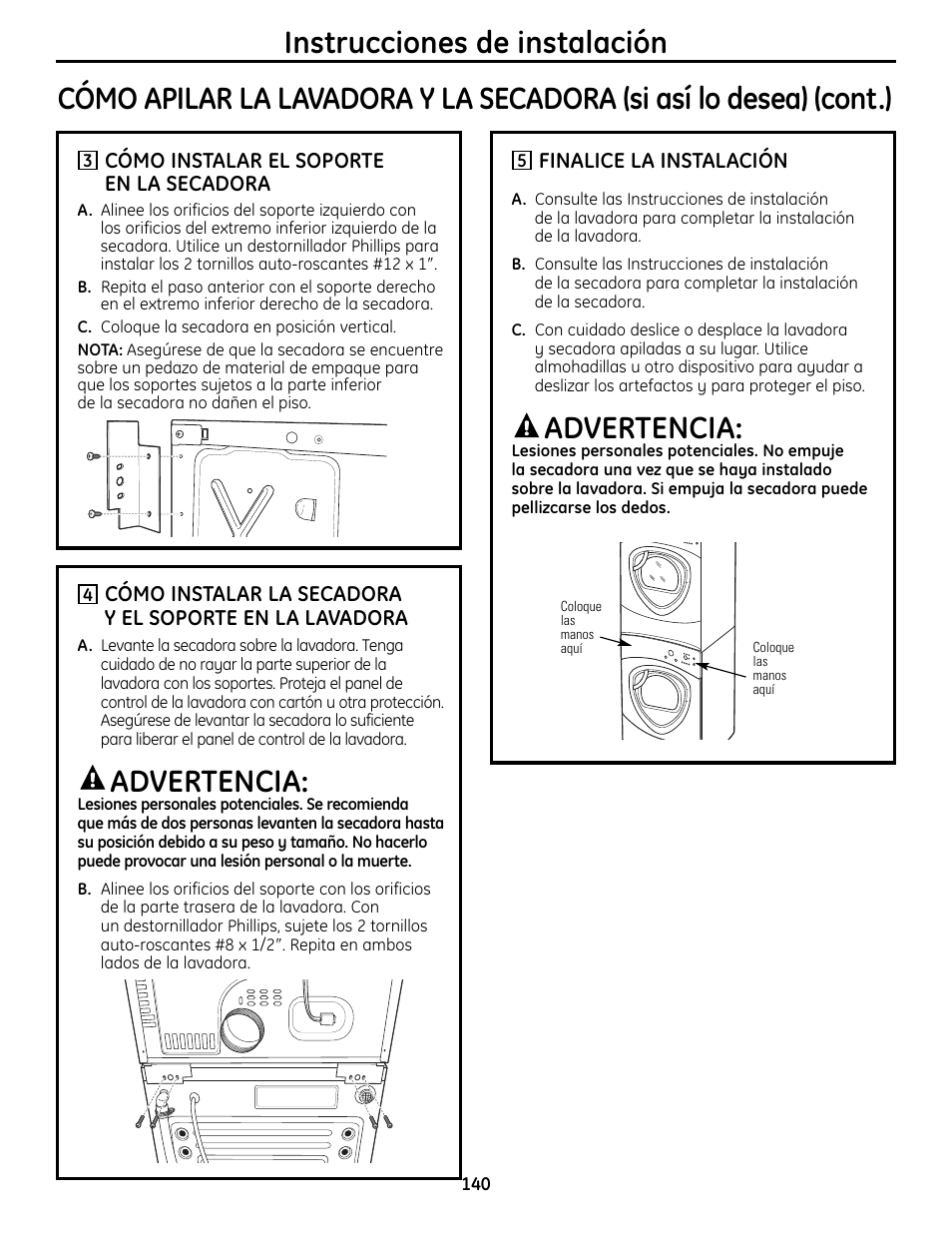 Advertencia, Instrucciones de instalación | GE UPVH890 User Manual | Page 140 / 152