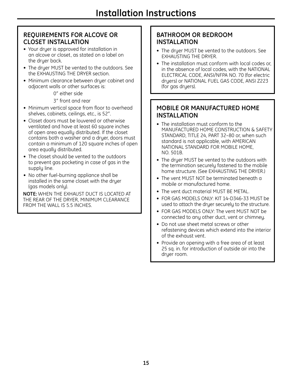 Installation instructions | GE UPVH890 User Manual | Page 15 / 152