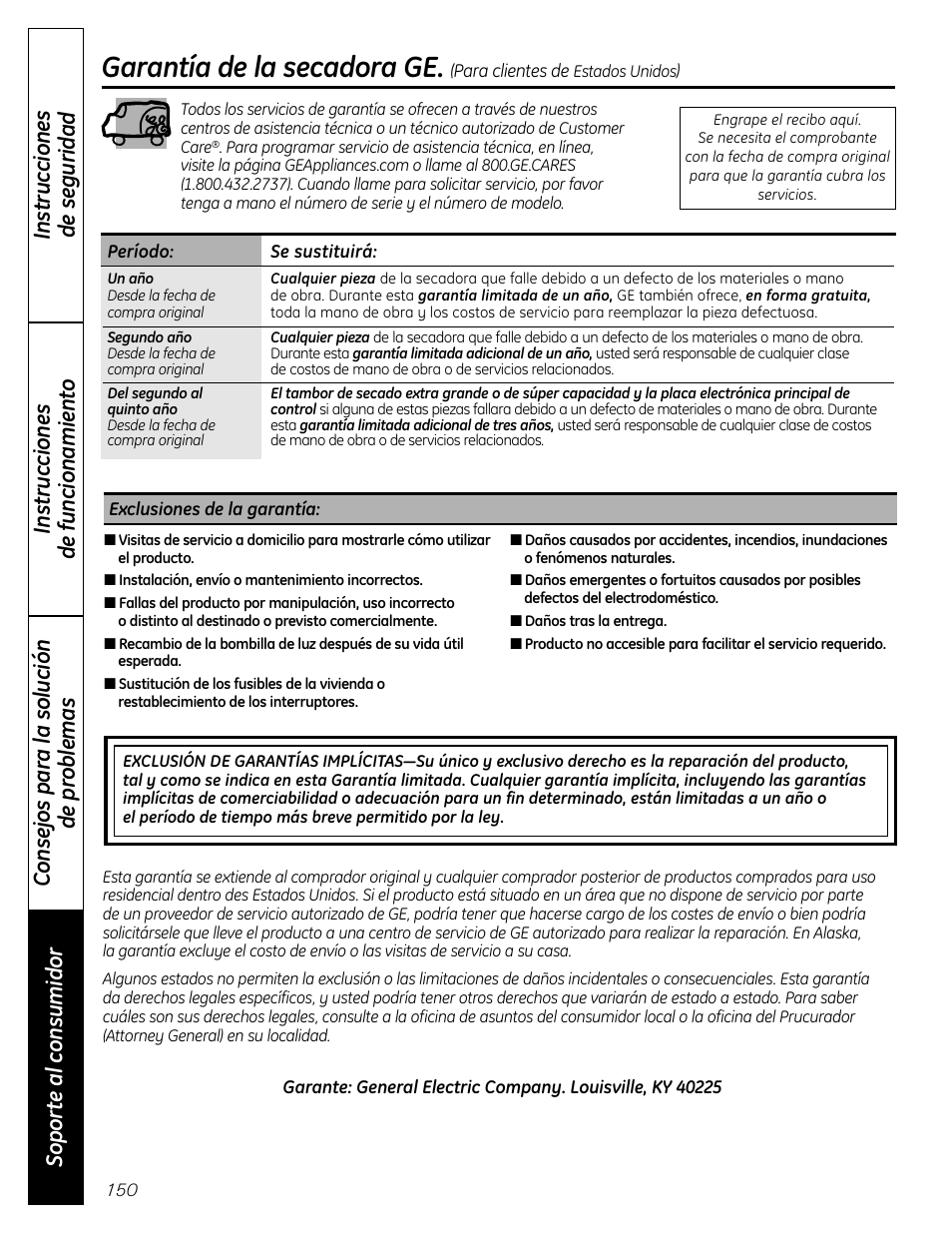 Garantía de la secadora ge | GE UPVH890 User Manual | Page 150 / 152
