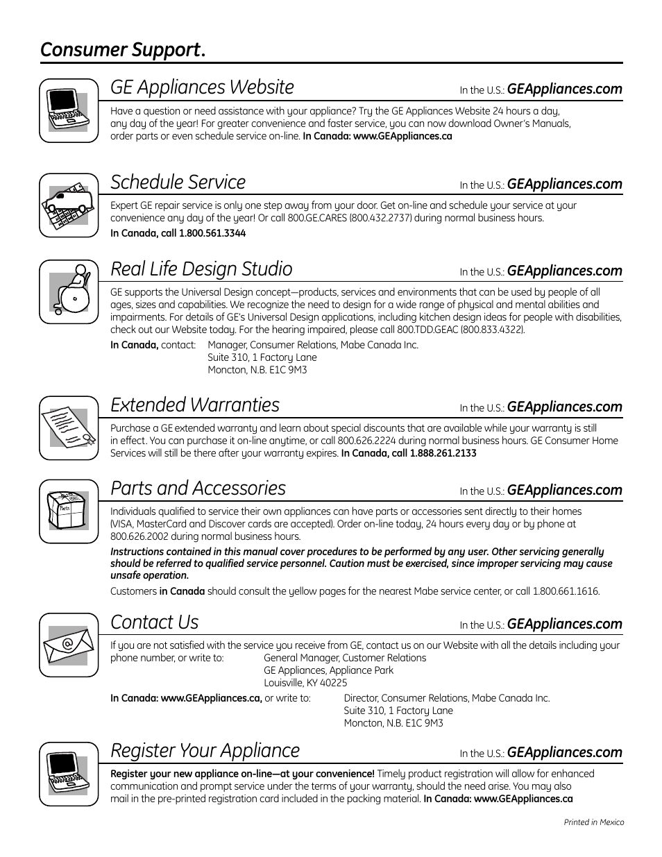 Consumer support. ge appliances website, Schedule service, Real life design studio | Extended warranties, Parts and accessories, Contact us, Register your appliance | GE UPVH890 User Manual | Page 152 / 152