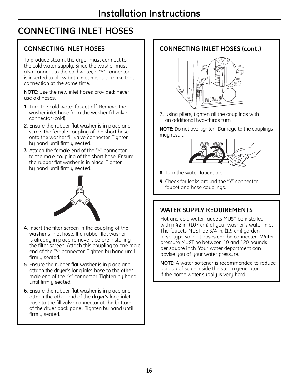 Installation instructions connecting inlet hoses | GE UPVH890 User Manual | Page 16 / 152