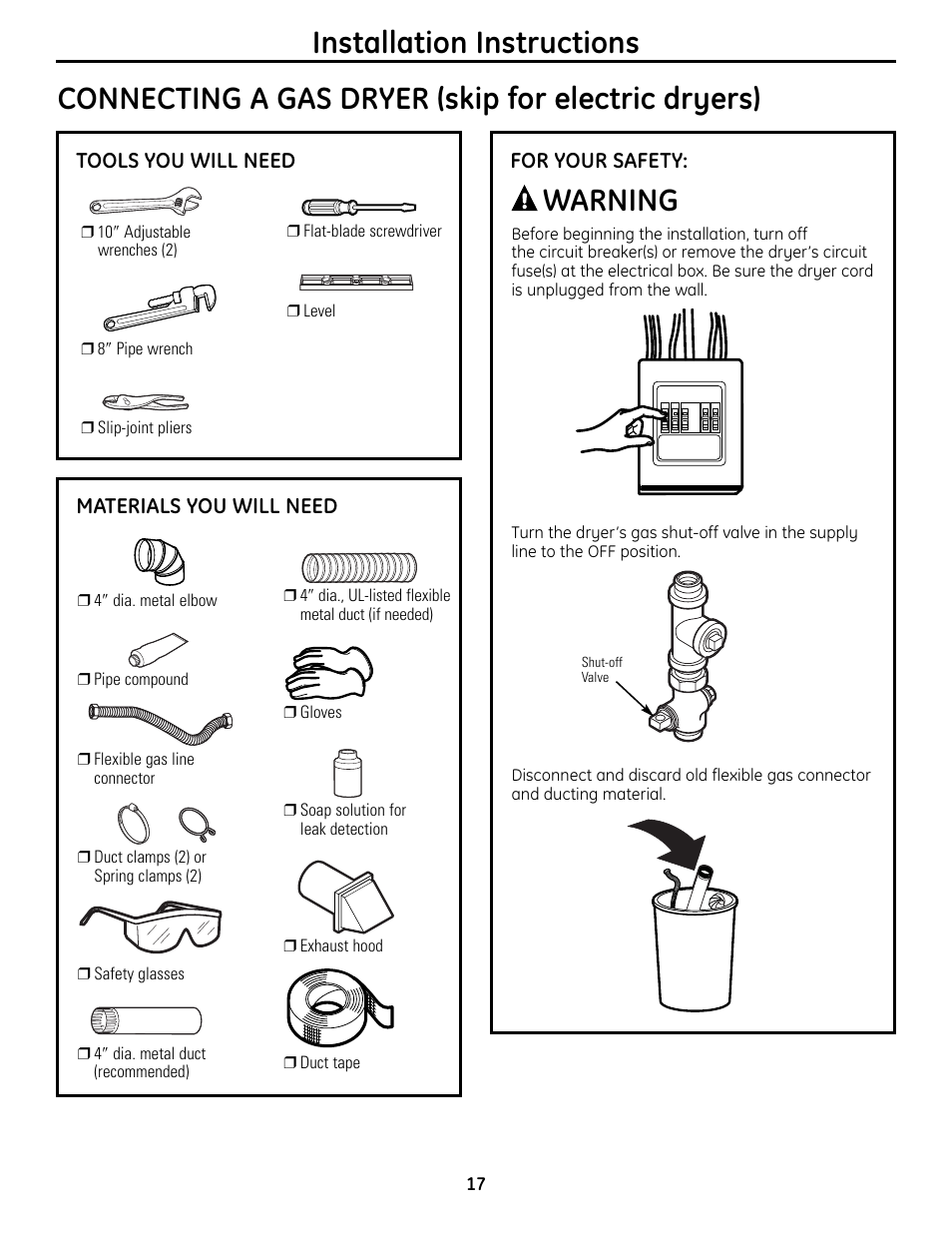 Installation instructions, Connecting a gas dryer (skip for electric dryers), Warning | GE UPVH890 User Manual | Page 17 / 152