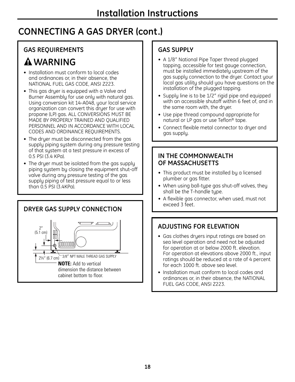 Installation instructions, Warning, Connecting a gas dryer (cont.) | Gas requirements, Dryer gas supply connection, Gas supply, Adjusting for elevation | GE UPVH890 User Manual | Page 18 / 152