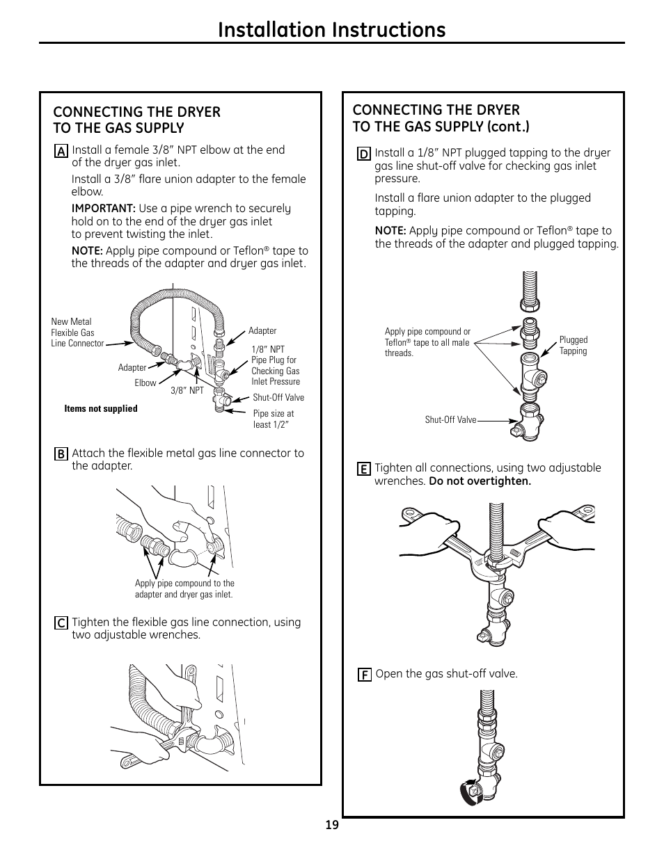 Installation instructions, Connecting the dryer to the gas supply (cont.), Connecting the dryer to the gas supply | GE UPVH890 User Manual | Page 19 / 152