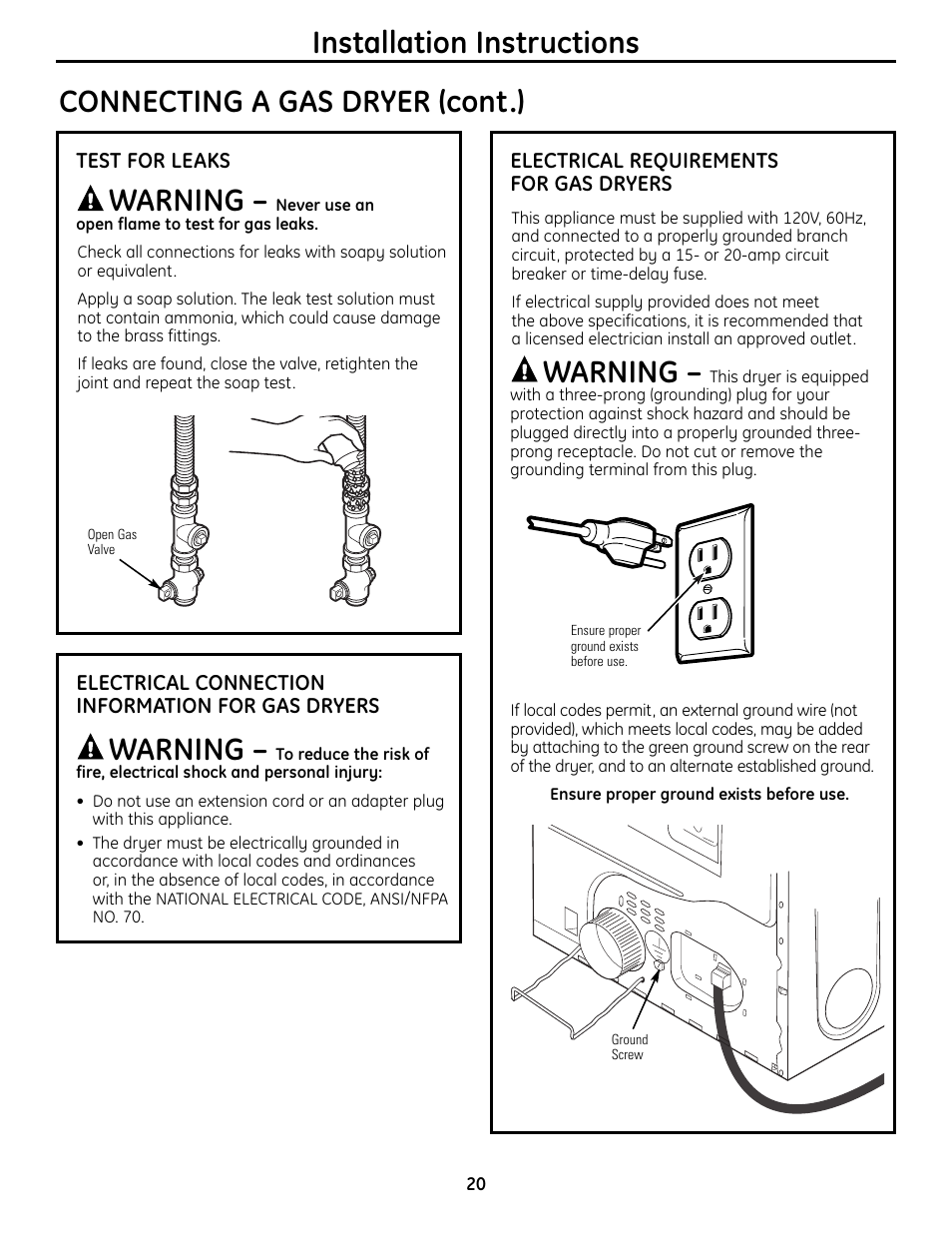 Installation instructions, Warning, Connecting a gas dryer (cont.) | GE UPVH890 User Manual | Page 20 / 152