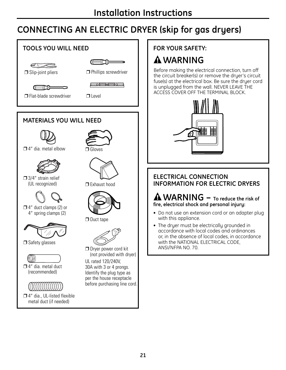 Installation instructions, Connecting an electric dryer (skip for gas dryers), Warning | GE UPVH890 User Manual | Page 21 / 152