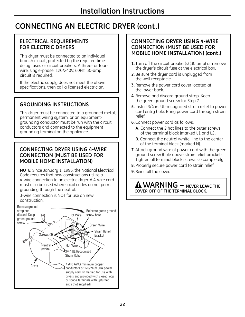 Installation instructions, Warning, Connecting an electric dryer (cont.) | Electrical requirements for electric dryers, Grounding instructions | GE UPVH890 User Manual | Page 22 / 152