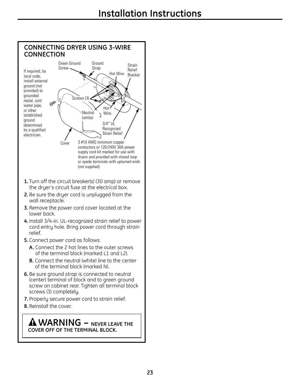 Installation instructions, Warning, Connecting dryer using 3-wire connection | GE UPVH890 User Manual | Page 23 / 152