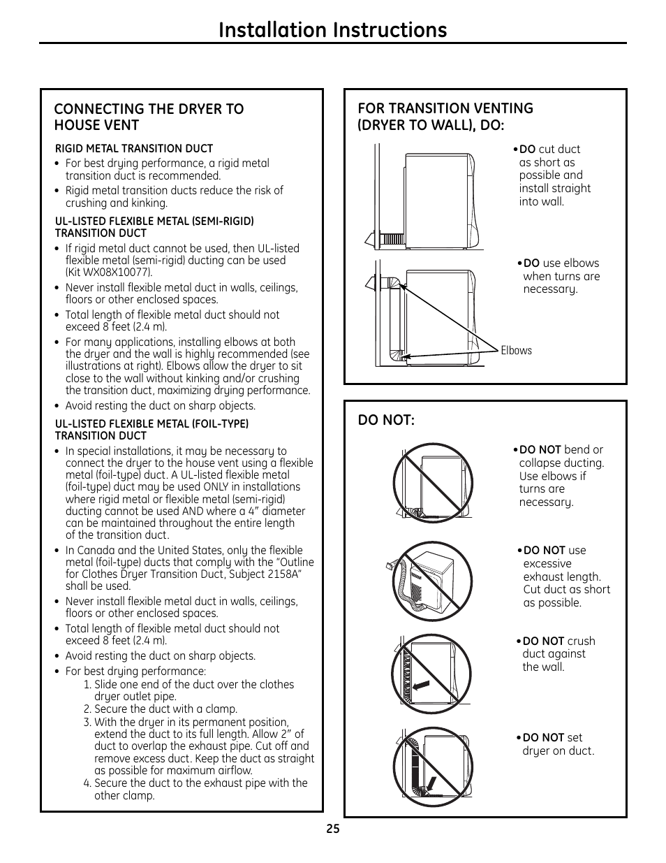 Installation instructions, Connecting the dryer to house vent, For transition venting (dryer to wall), do | Do not | GE UPVH890 User Manual | Page 25 / 152