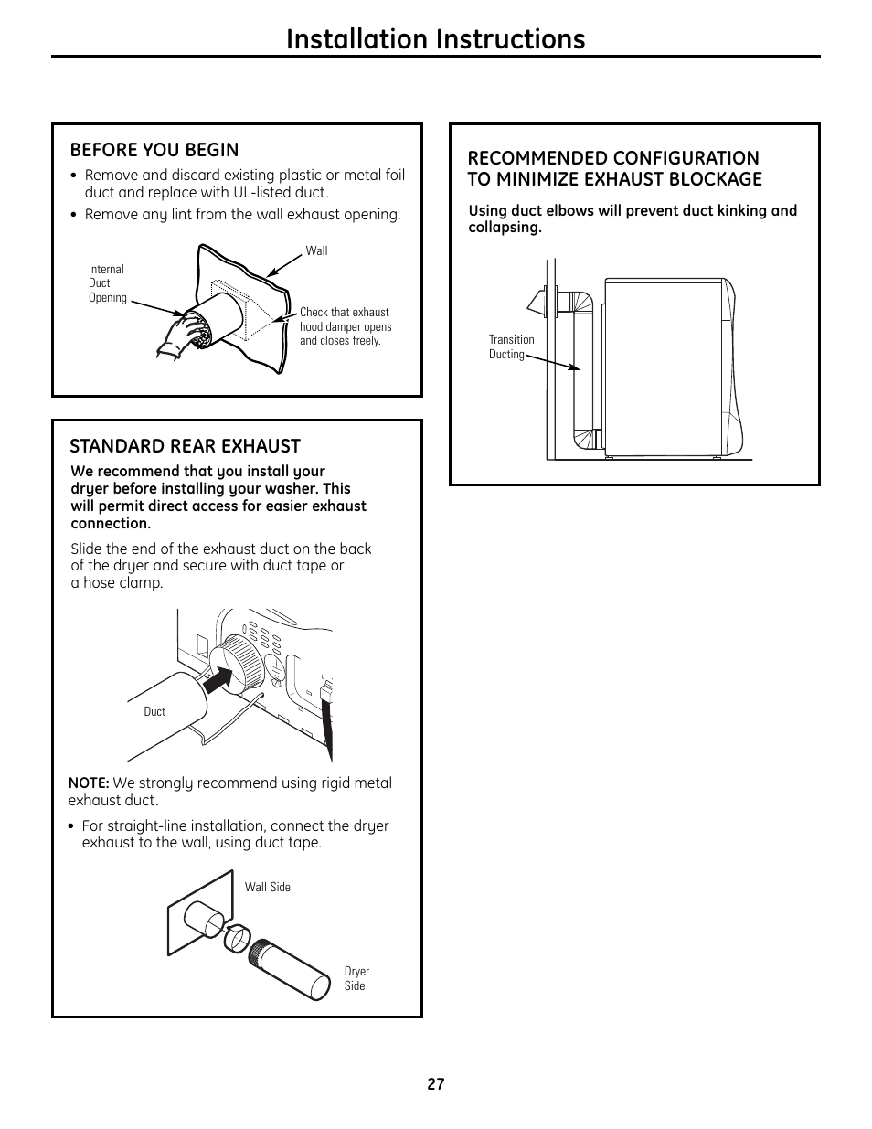 Installation instructions, Before you begin, Standard rear exhaust | GE UPVH890 User Manual | Page 27 / 152