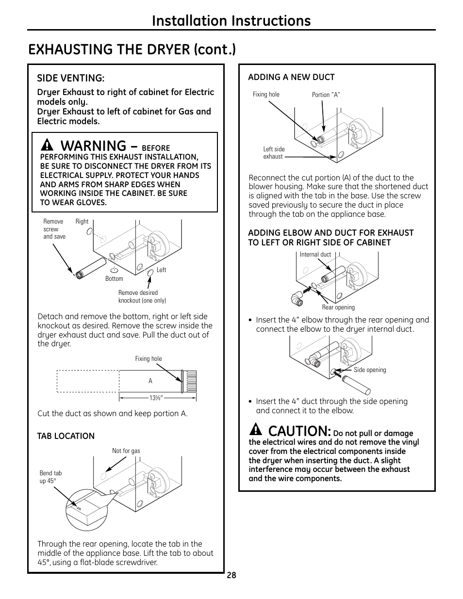 Exhausting the dryer (cont.) warning, Installation instructions, Caution | Side venting | GE UPVH890 User Manual | Page 28 / 152