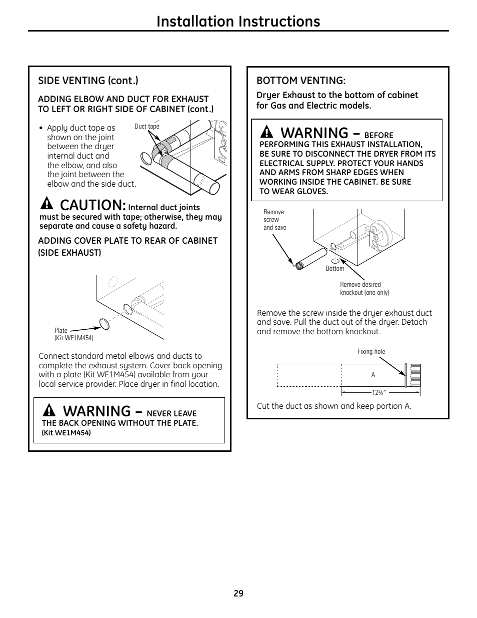 Warning, Installation instructions, Caution | Side venting (cont.), Bottom venting | GE UPVH890 User Manual | Page 29 / 152