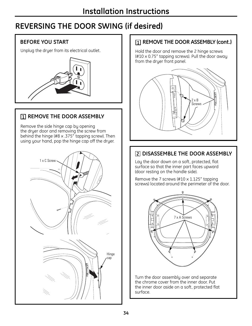 Installation instructions, Reversing the door swing (if desired) | GE UPVH890 User Manual | Page 34 / 152