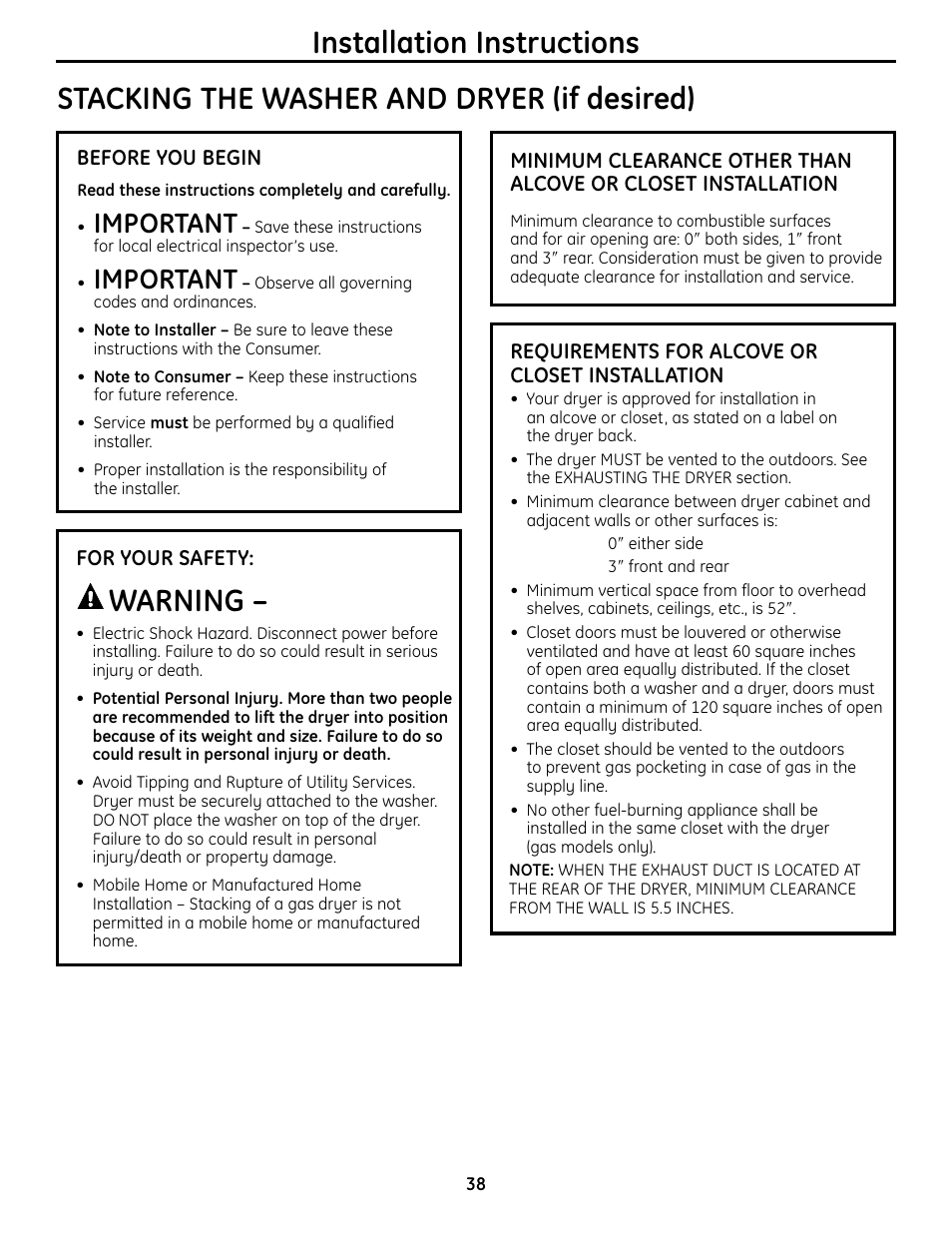 Stacking the washer and dryer (if desired), Warning, Installation instructions | Important | GE UPVH890 User Manual | Page 38 / 152