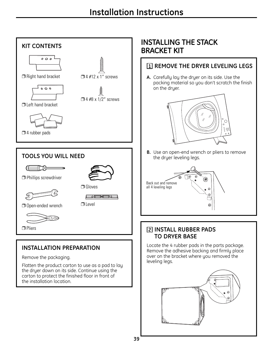 Installation instructions, Installing the stack bracket kit | GE UPVH890 User Manual | Page 39 / 152