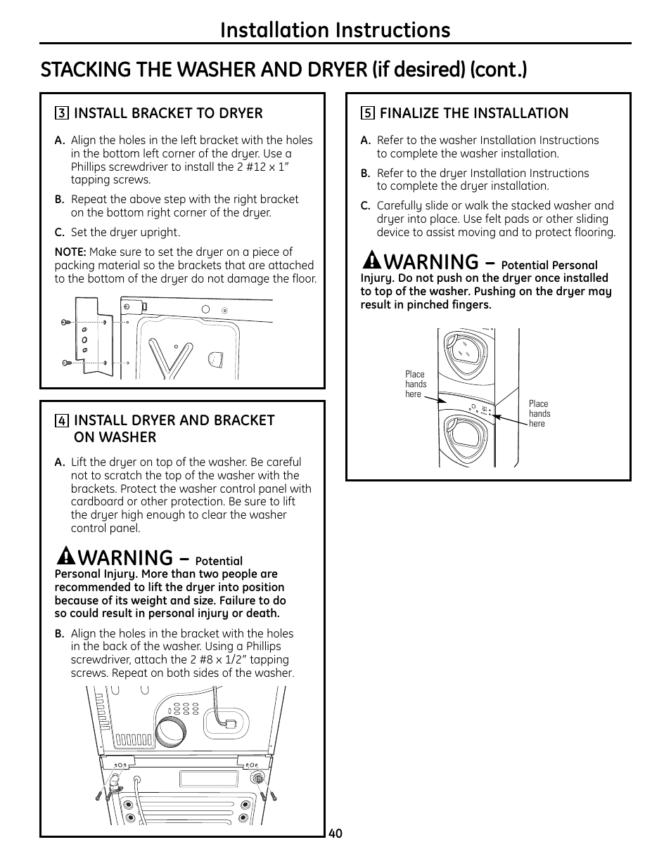 Warning, Installation instructions, Stacking the washer and dryer (if desired) (cont.) | GE UPVH890 User Manual | Page 40 / 152