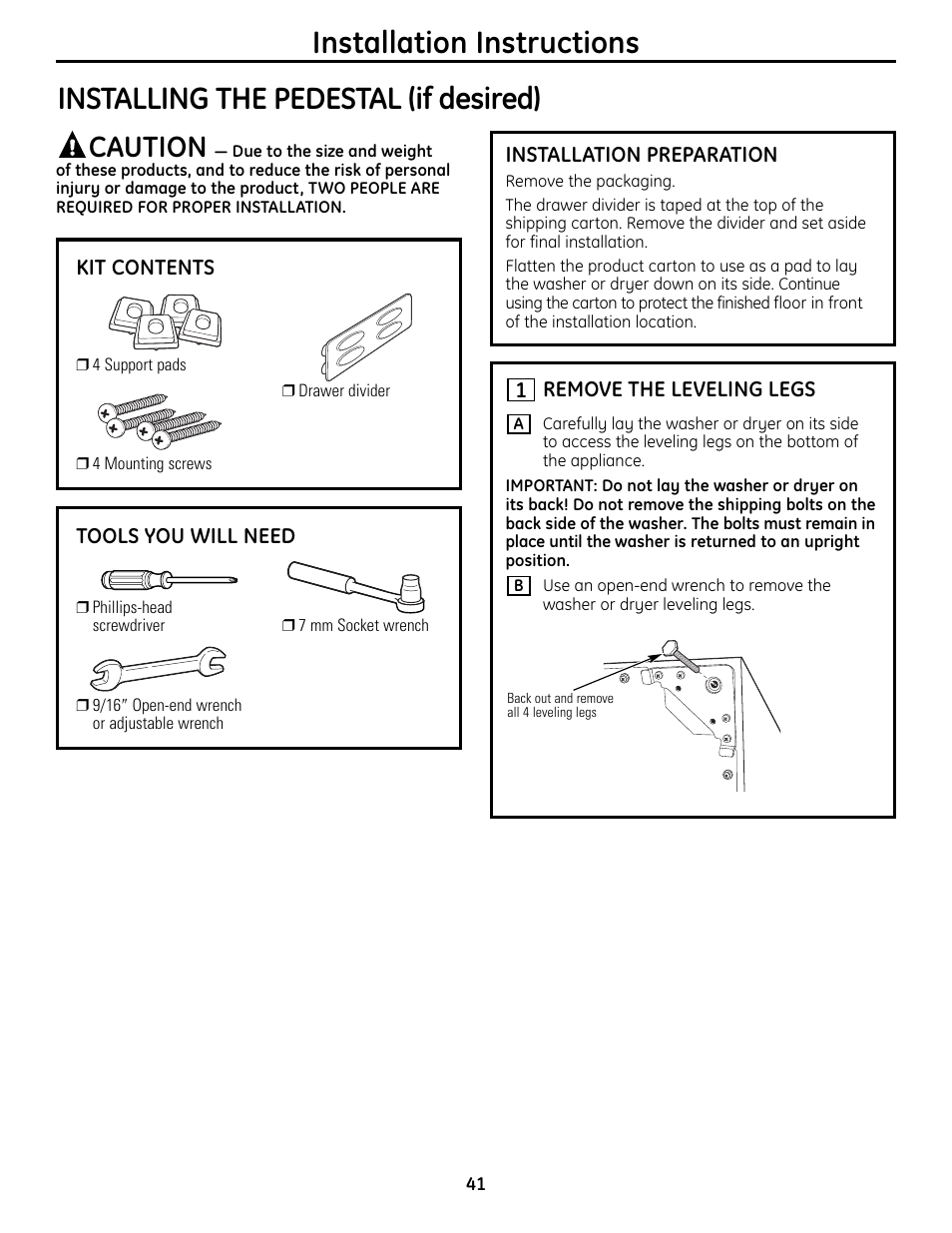 Installation instructions, Installing the pedestal (if desired), Caution | GE UPVH890 User Manual | Page 41 / 152