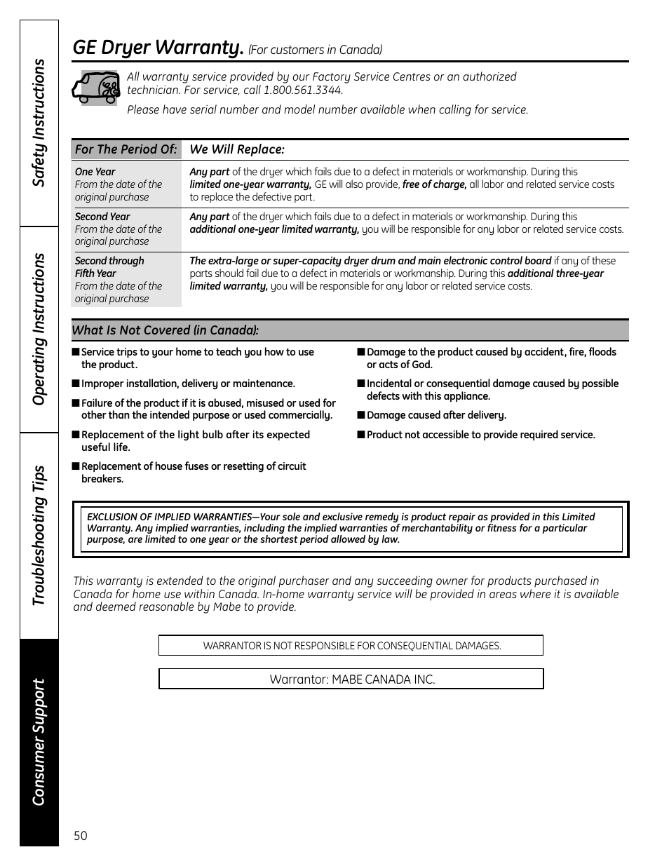 Ge dryer warranty | GE UPVH890 User Manual | Page 50 / 152