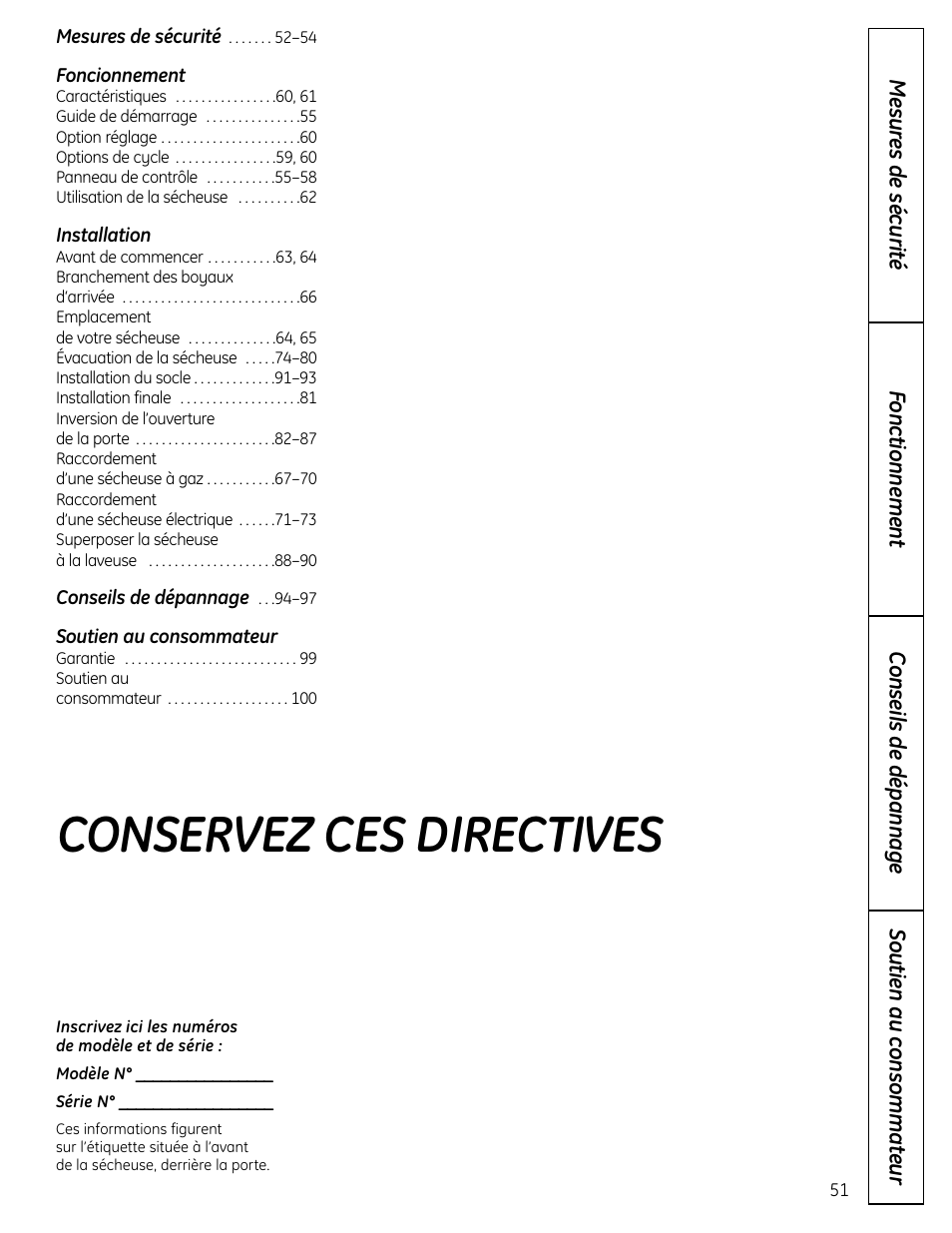 Conservez ces directives | GE UPVH890 User Manual | Page 51 / 152