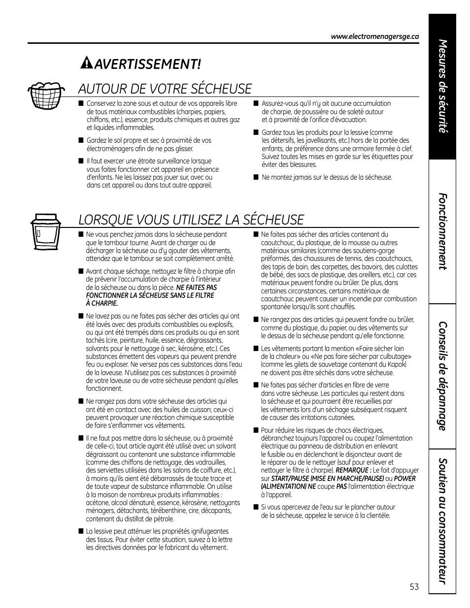 Avertissement! autour de votre sécheuse, Lorsque vous utilisez la sécheuse | GE UPVH890 User Manual | Page 53 / 152