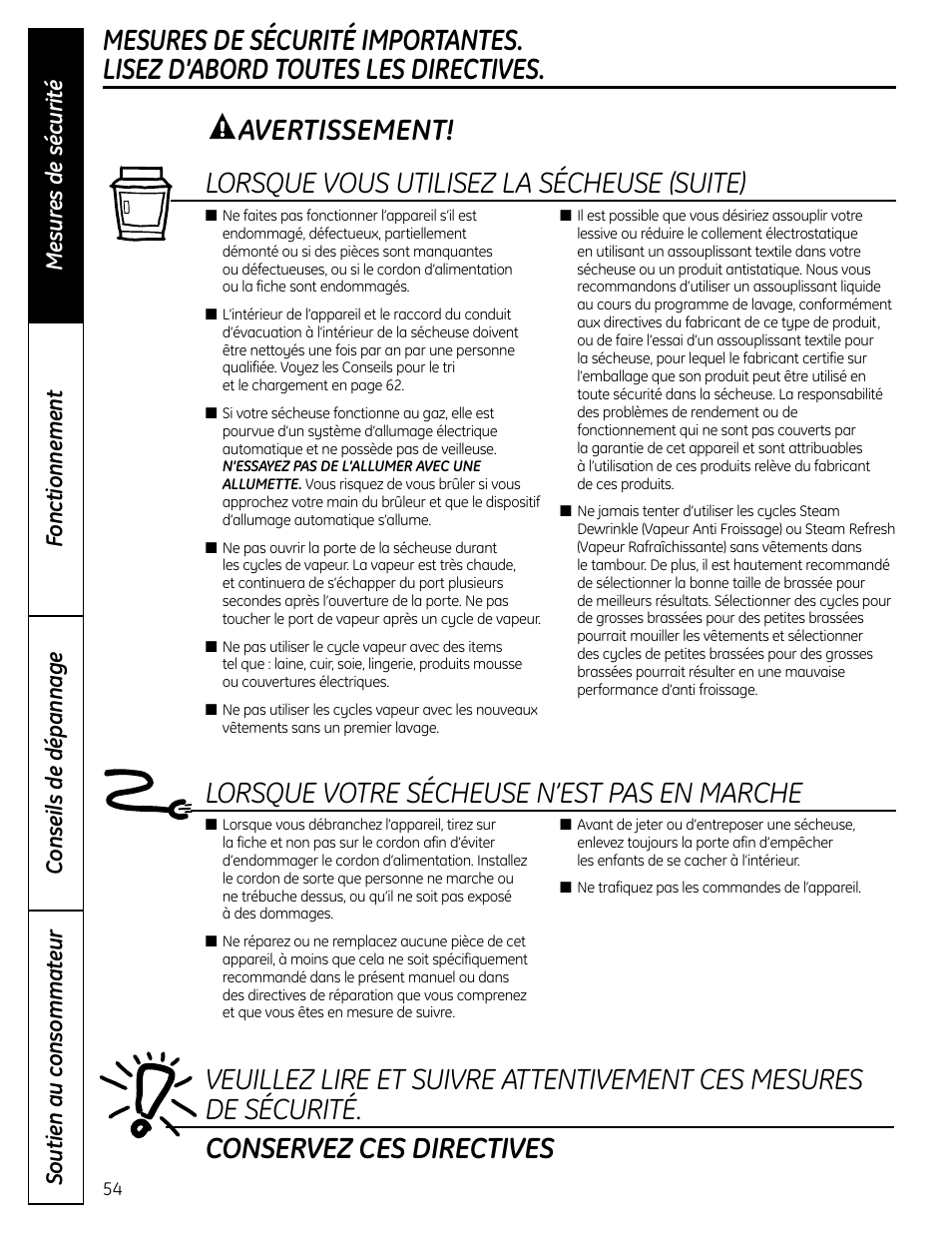 Lorsque votre sécheuse n’est pas en marche | GE UPVH890 User Manual | Page 54 / 152