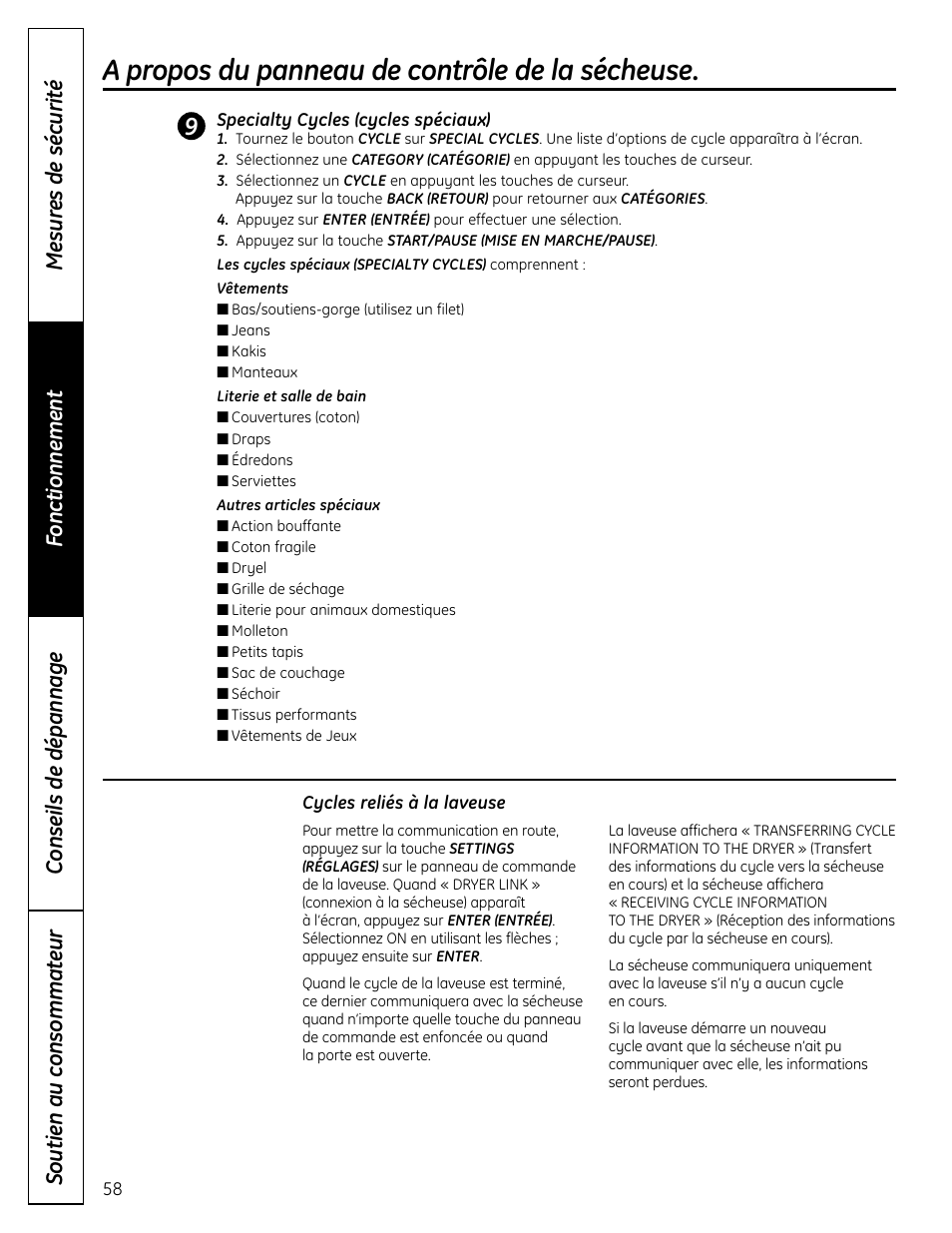 A propos du panneau de contrôle de la sécheuse | GE UPVH890 User Manual | Page 58 / 152