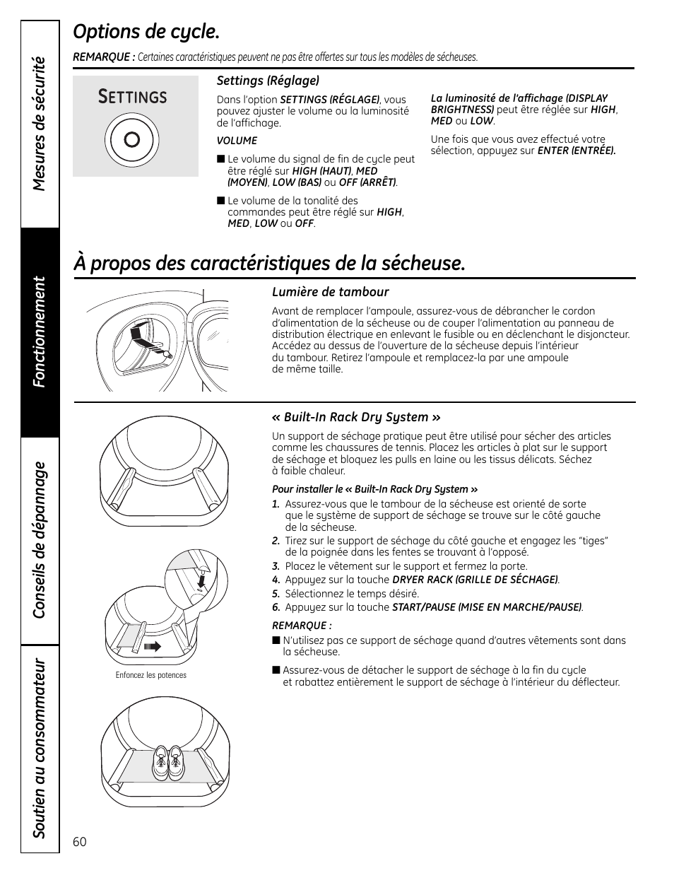 À propos des caractéristiques de la sécheuse, Options de cycle | GE UPVH890 User Manual | Page 60 / 152