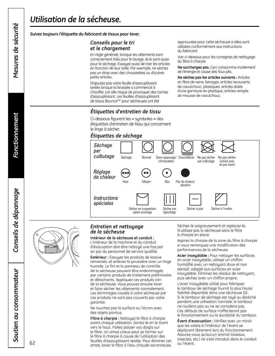 Utilisation de la sécheuse | GE UPVH890 User Manual | Page 62 / 152