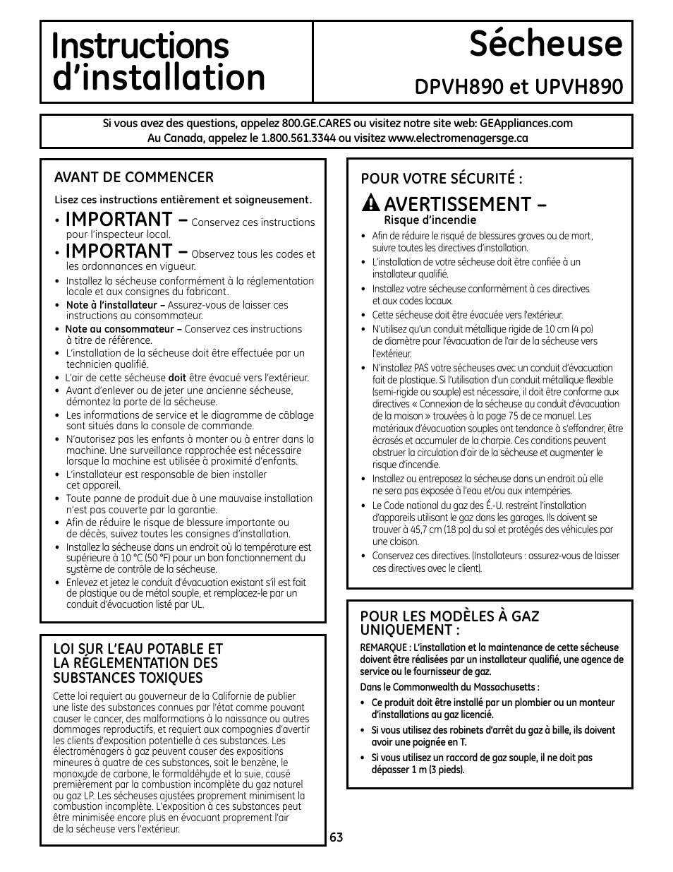 Instructions sécheuse d’installation, Important, Avertissement | GE UPVH890 User Manual | Page 63 / 152