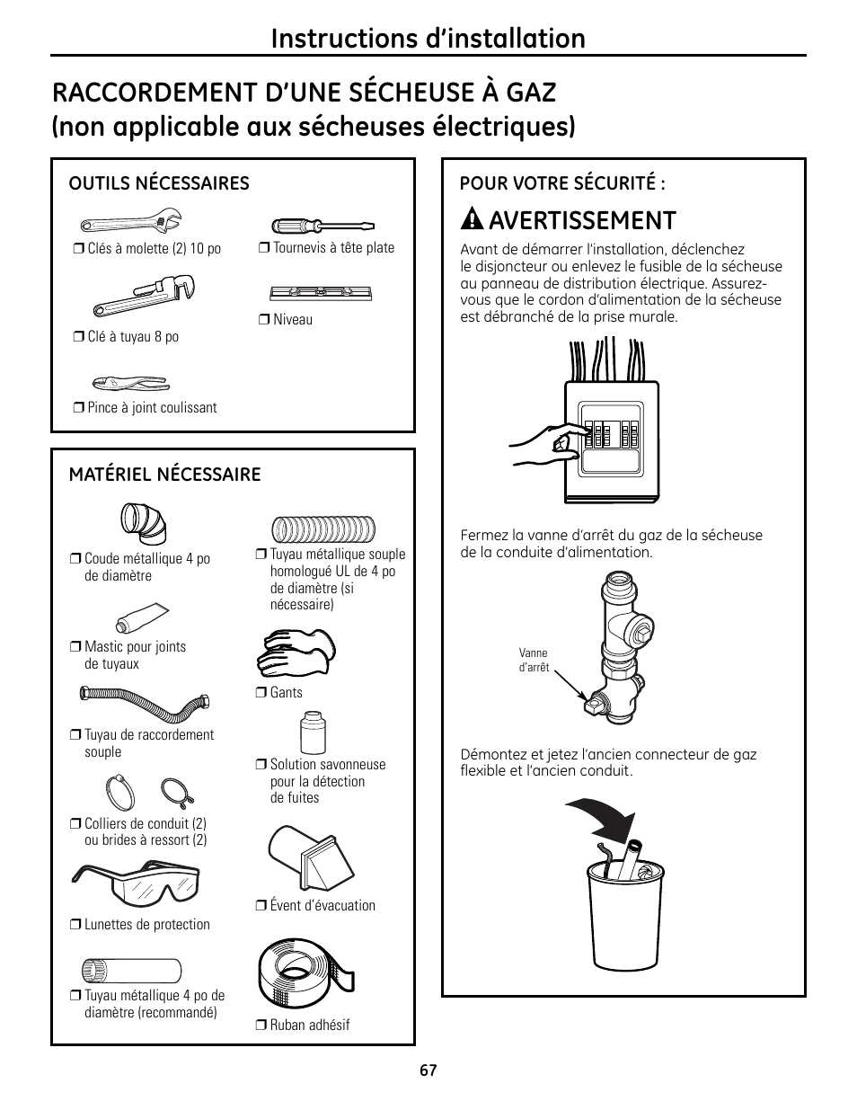 Instructions d’installation, Avertissement | GE UPVH890 User Manual | Page 67 / 152