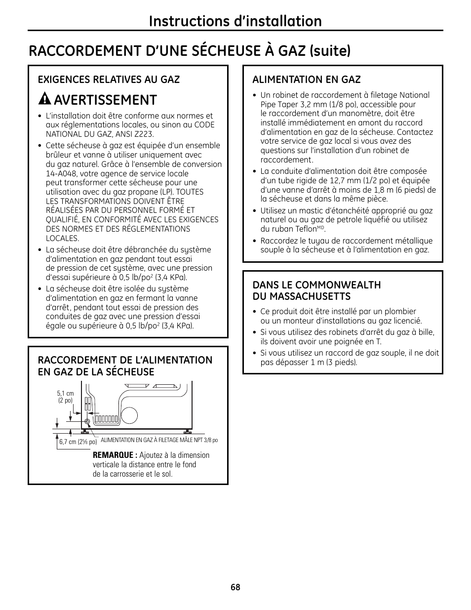Raccordement d’une sécheuse à gaz (suite), Instructions d’installation, Avertissement | Exigences relatives au gaz, Alimentation en gaz, Dans le commonwealth du massachusetts | GE UPVH890 User Manual | Page 68 / 152