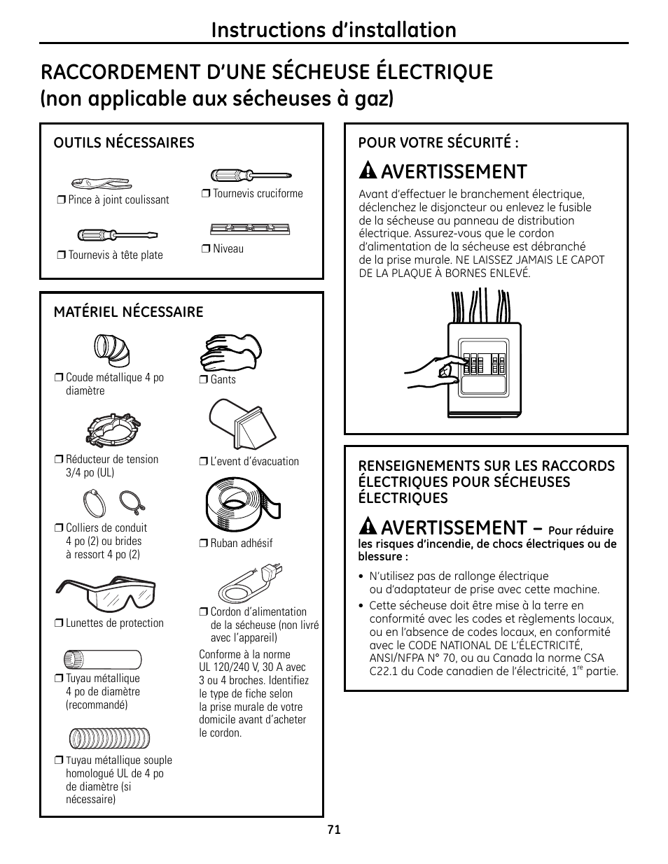 Instructions d’installation, Avertissement | GE UPVH890 User Manual | Page 71 / 152