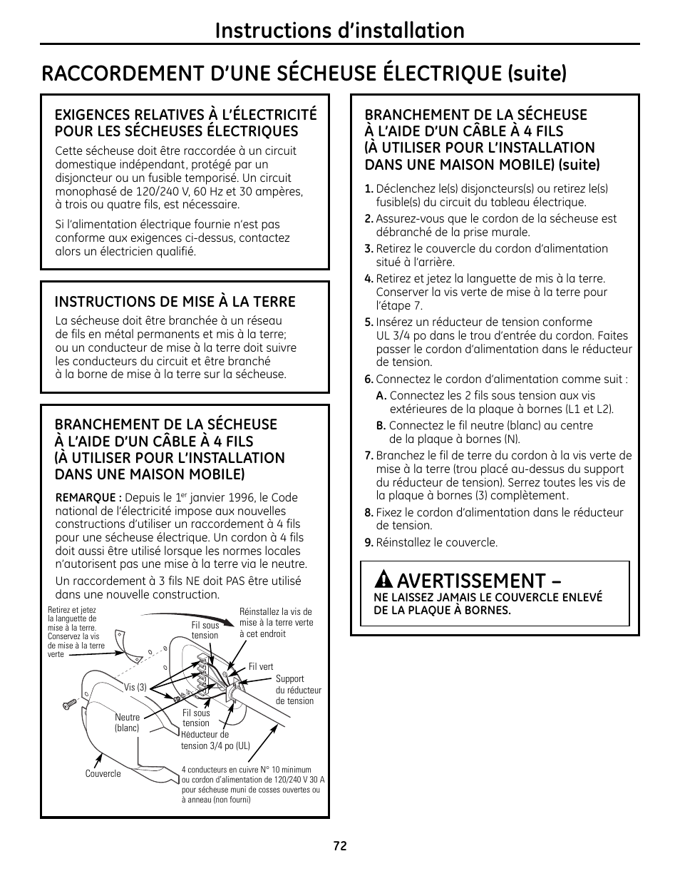 Avertissement, Instructions de mise à la terre | GE UPVH890 User Manual | Page 72 / 152