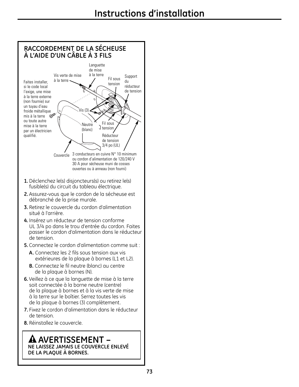 Instructions d’installation, Avertissement | GE UPVH890 User Manual | Page 73 / 152