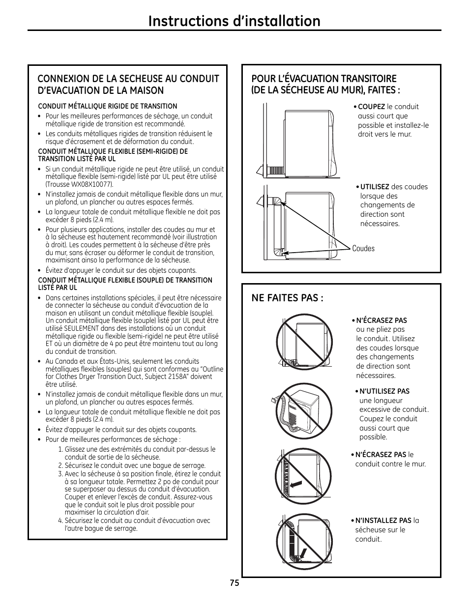Instructions d’installation, Ne faites pas | GE UPVH890 User Manual | Page 75 / 152