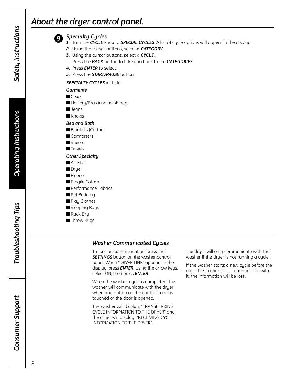 About the dryer control panel | GE UPVH890 User Manual | Page 8 / 152