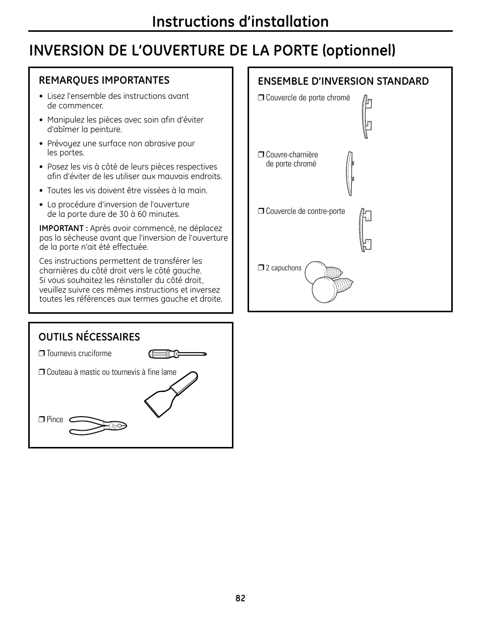 Instructions d’installation, Inversion de l’ouverture de la porte (optionnel) | GE UPVH890 User Manual | Page 82 / 152