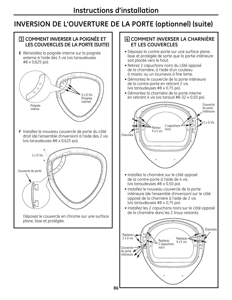 Comment inverser la charnière et les couvercles | GE UPVH890 User Manual | Page 86 / 152