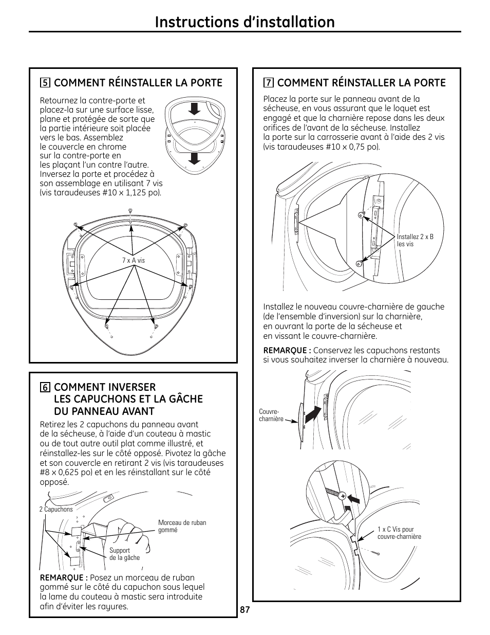 Instructions d’installation, Comment réinstaller la porte | GE UPVH890 User Manual | Page 87 / 152