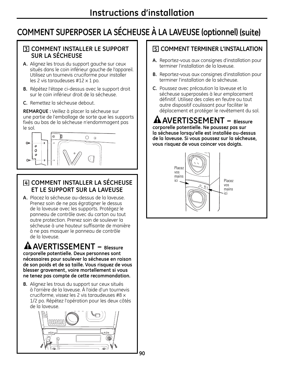 Instructions d’installation, Avertissement | GE UPVH890 User Manual | Page 90 / 152